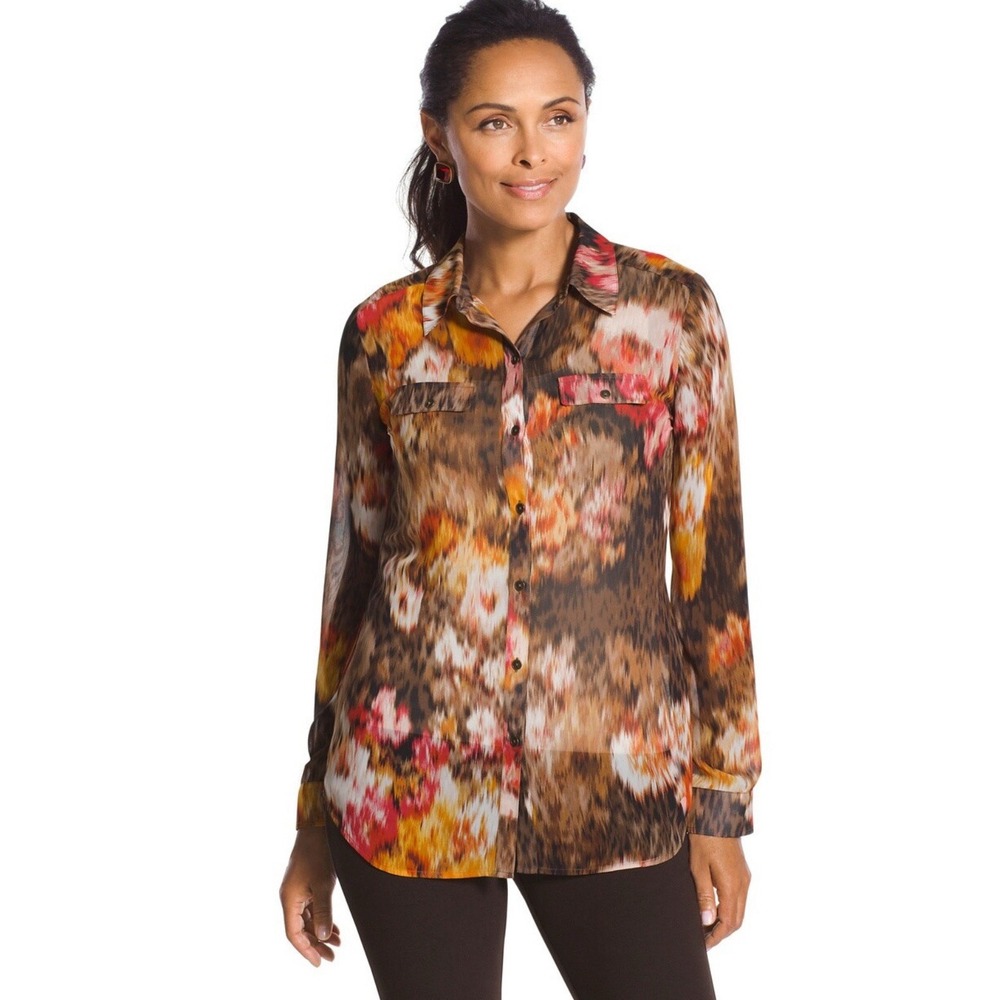 Chico's Abstract Blurred Floral Animal Print Blouse Size 2 Large Sheer Button Up